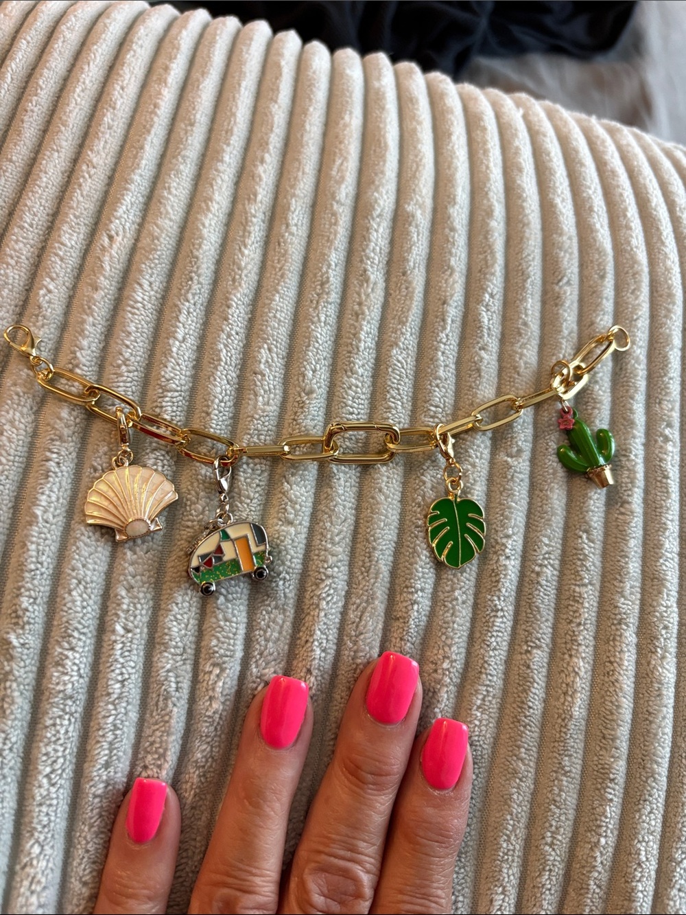 Gold Tone Charm Bracelet with Green Enamel Leaf and Cactus Charms